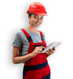 ragazza sorridente con caschetto e tablet software gestione rifiuti