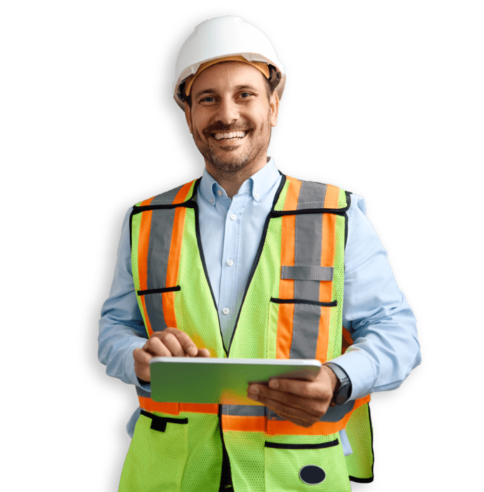 uomo caschetto sorridente con tablet in mano