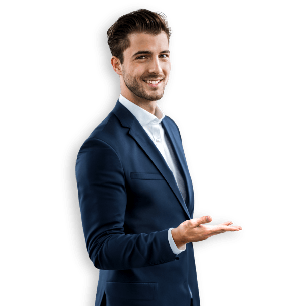 Uomo sorridente usa i migliori software commercialisti